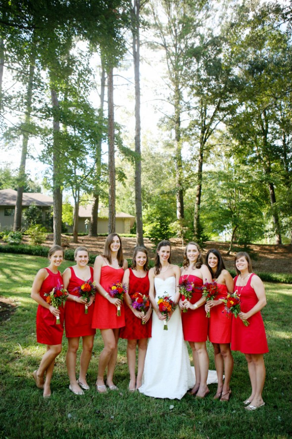 Red Bridesmaid Dresses At A Country Wedding