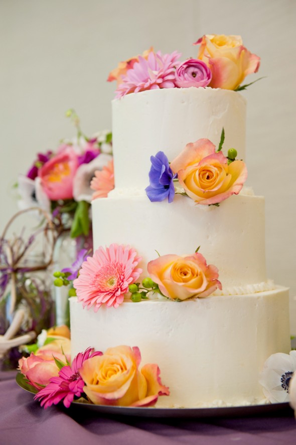 White With Flowers Wedding Cake
