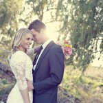 A rustic bride and groom in the woods