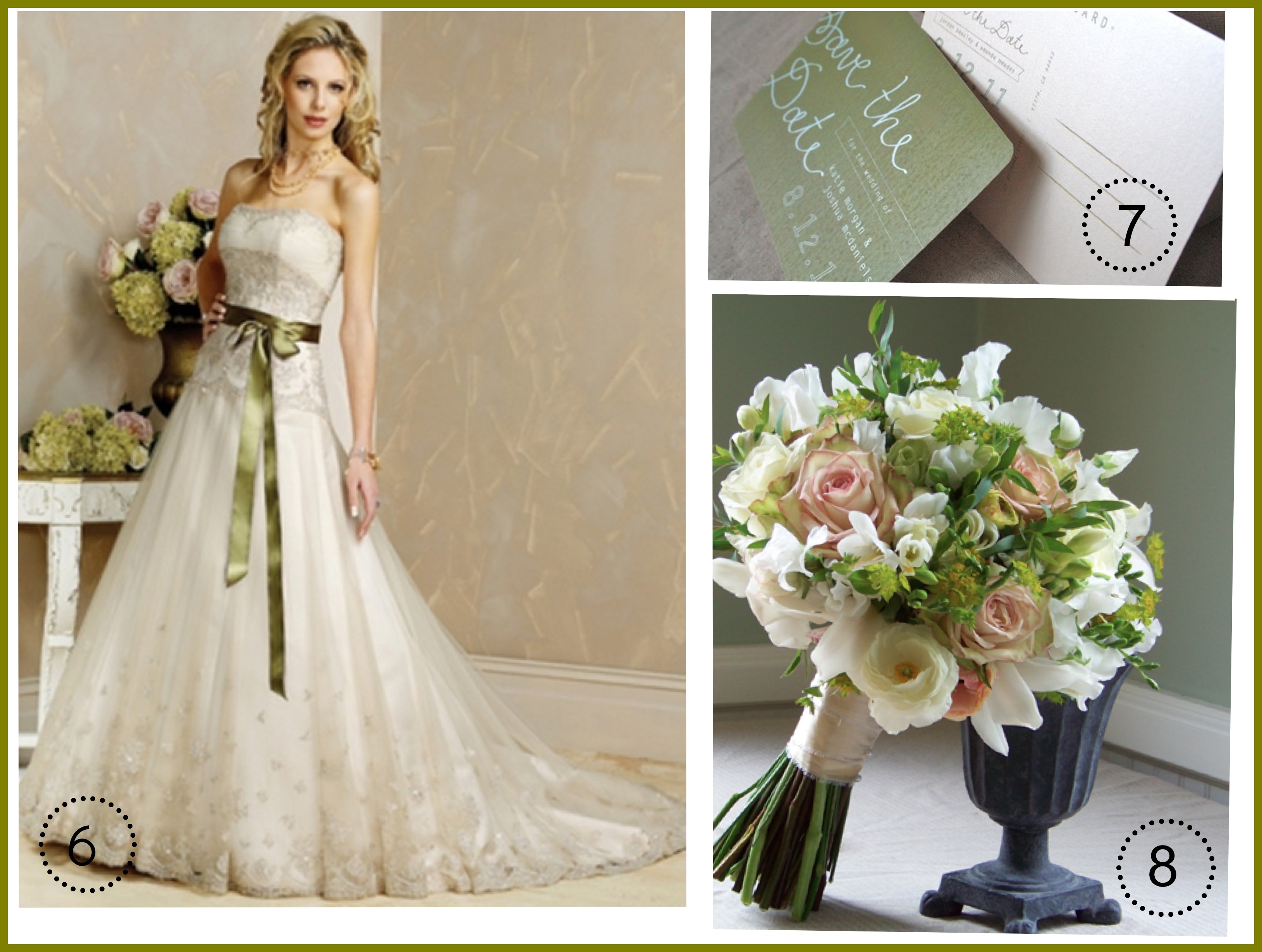 wedding dress with olive green sash / 7. olive green save the date ...