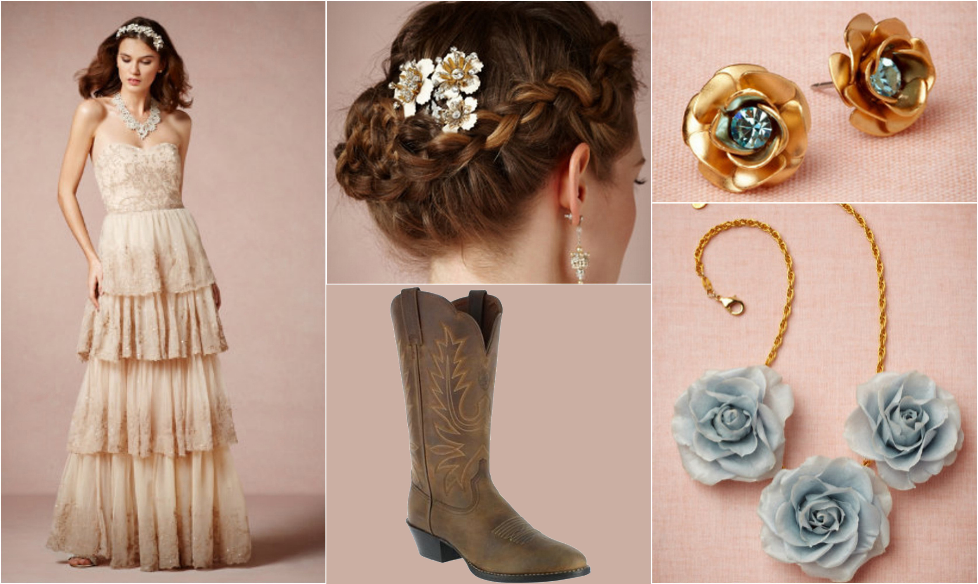 dress, hair accessory, earrings  necklace: BHLDN boots: Boot Barn