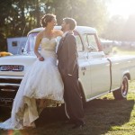 Bride and groom with pickup truck