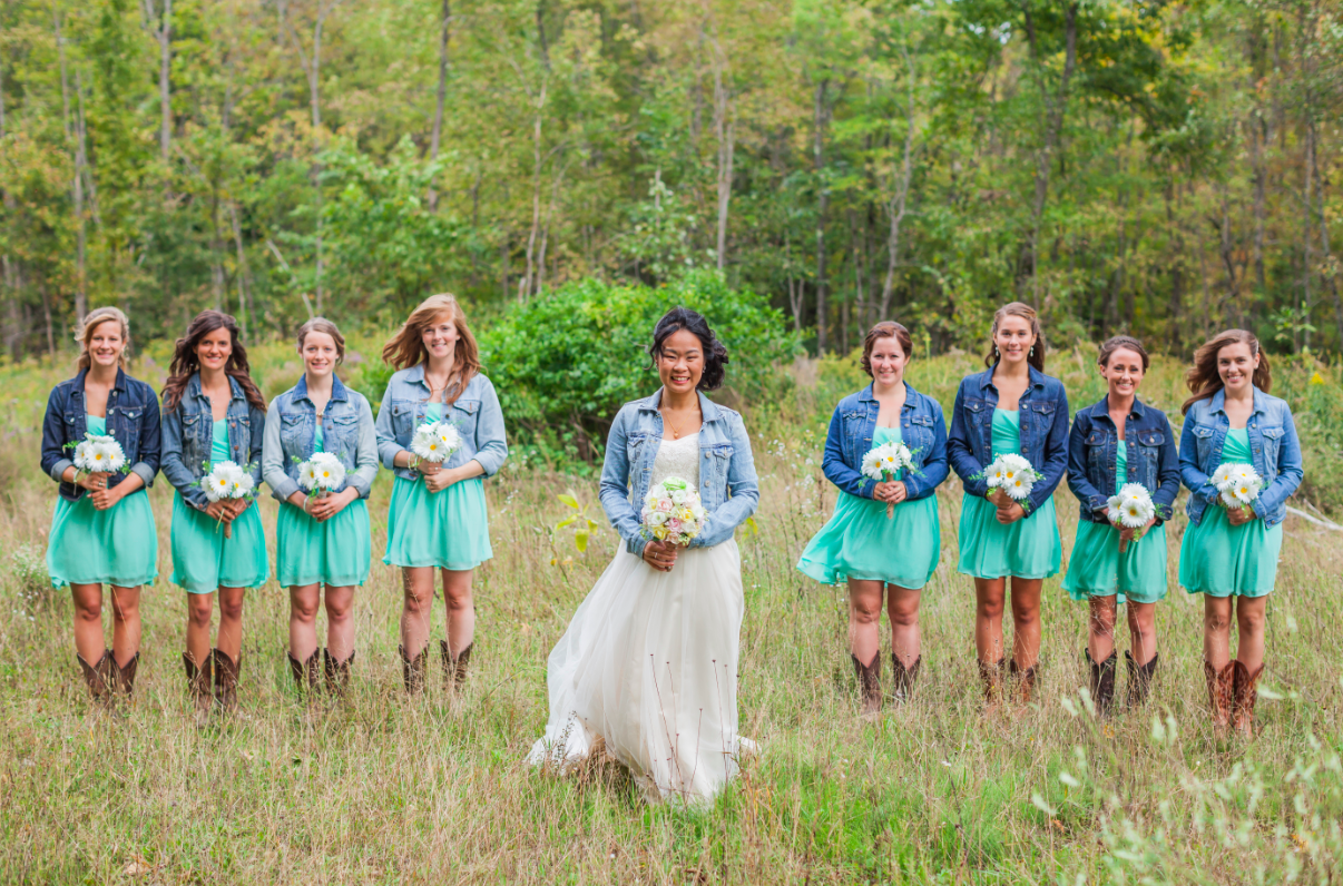 bride-bridesmaids-in-jean-jacket-at-wedding-rustic-wedding-chic